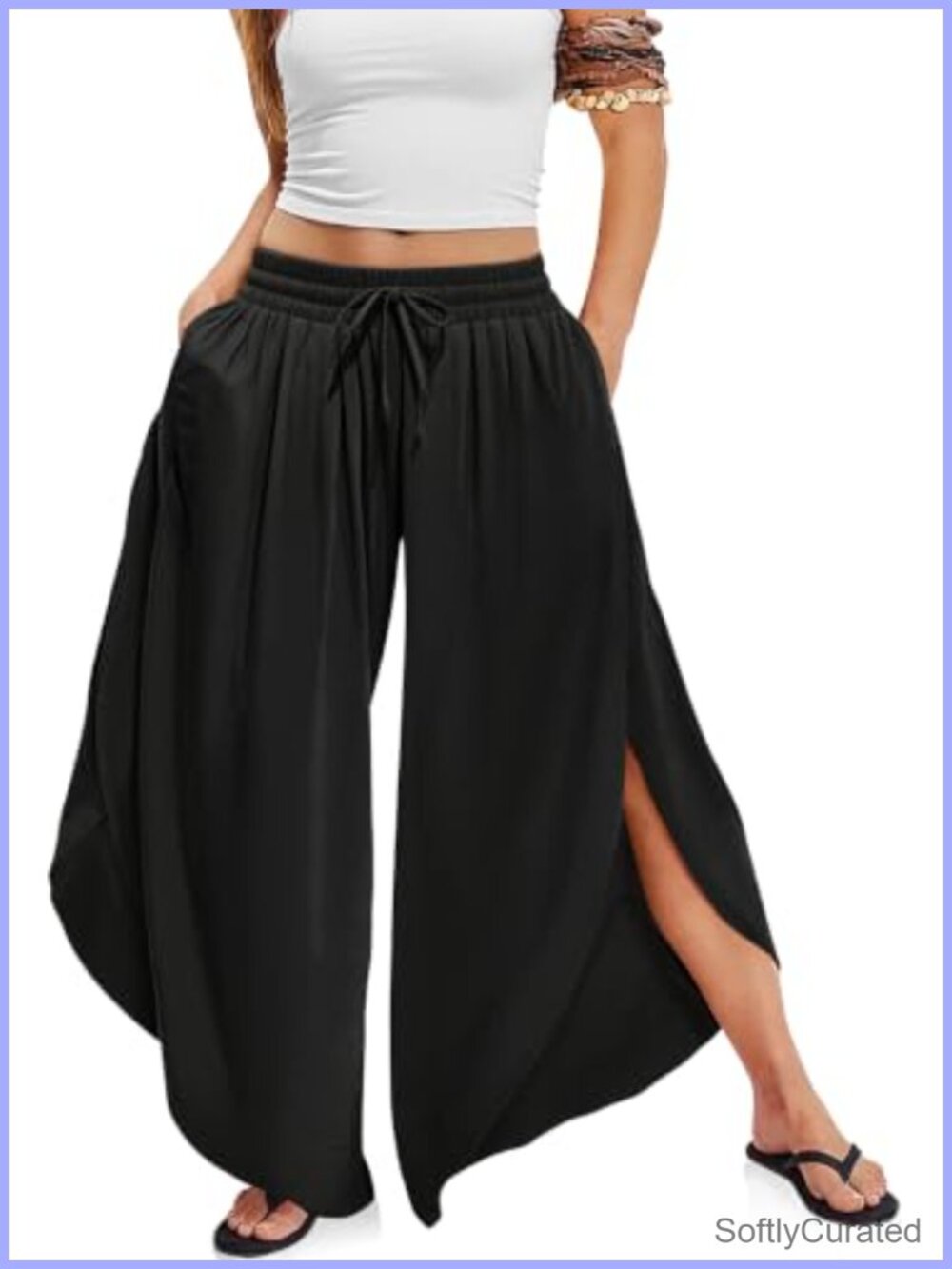 Linen Wide Leg Palazzo Pants Side Slit Cropped Beach